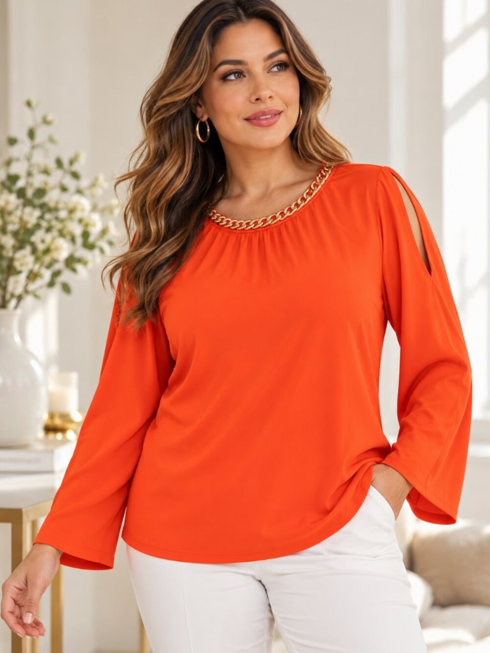 Orange Gold Chain Neck Split Sleeve Blouse Women's Dressy Top